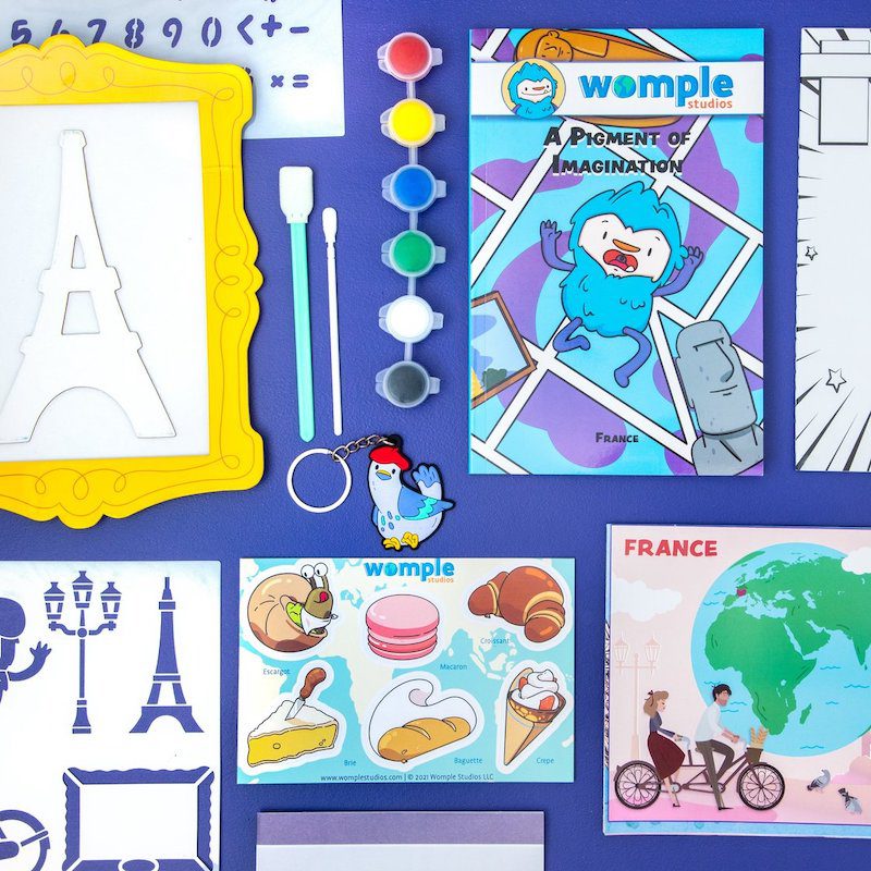 WompleBox Collection of Womplebox educational subscription box items for France, including info booklet and arts and crafts projects