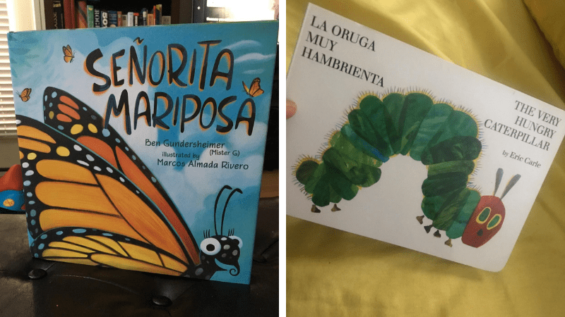 Bilingual books for kids covers: Senorita Mariposa with a large illustrated butterfly and La oruga muy hambrienta/The Very Hungry Caterpillar with an illustrated caterpillar