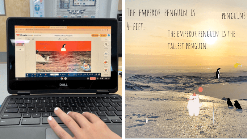 Collage of student working in a digital workspace and a sample digital workspace on emperor penguins