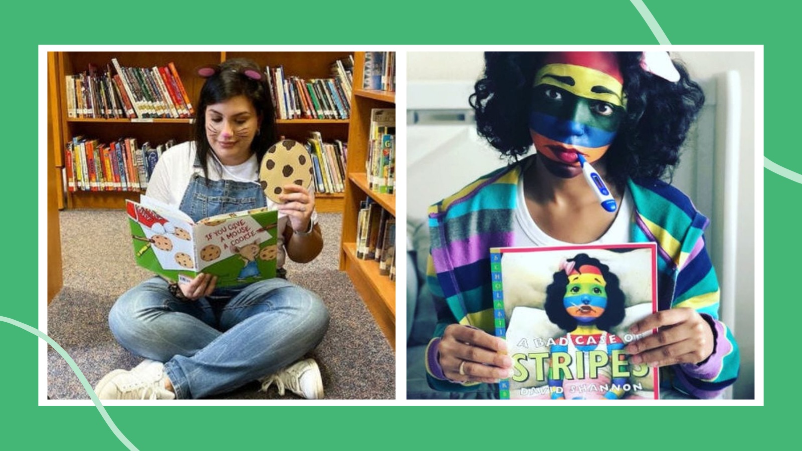 Teachers dressed in Halloween book character costumes such as the mouse from If You Give a Mouse a Cookie and Camilla Cream from A Case of the Stripes.