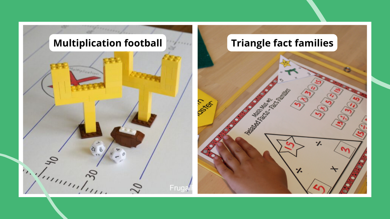 Examples of multiplication activities like LEGO football game and triangle fact families worksheet.