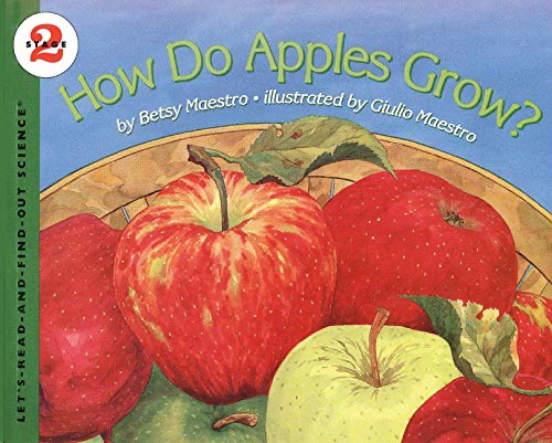 Cover of the book How Apples Grow by Maestro featuring four red apples, one green apple, and one yellow apple in a wooden bowl.