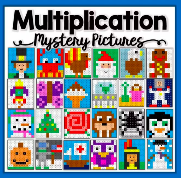 An array of colorful puzzles created by solving multiplication problems 