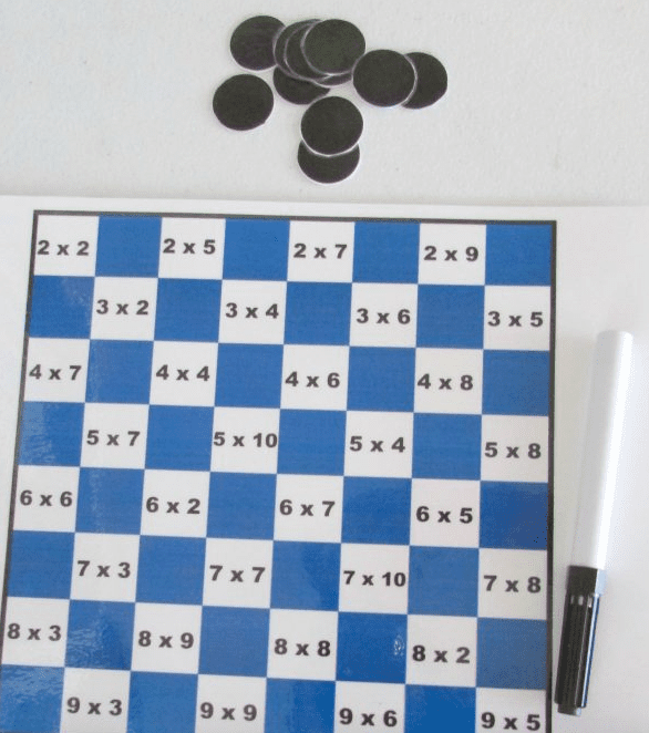 multiplication-checkers Blue and white checkerboard with multiplication problems written in squares as an example of how to teach multiplication