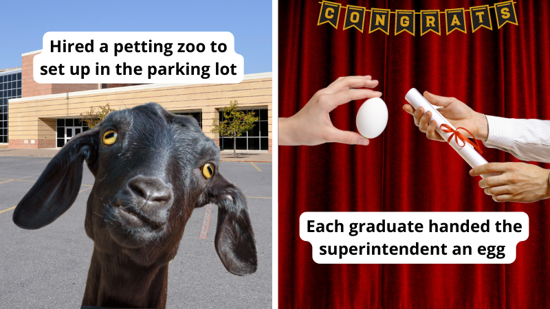 Paired image of senior pranks: high school petting zoo and handing superintendent an egg