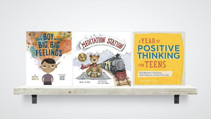 mindfulness-books Three books about mindfulness displayed on a shelf