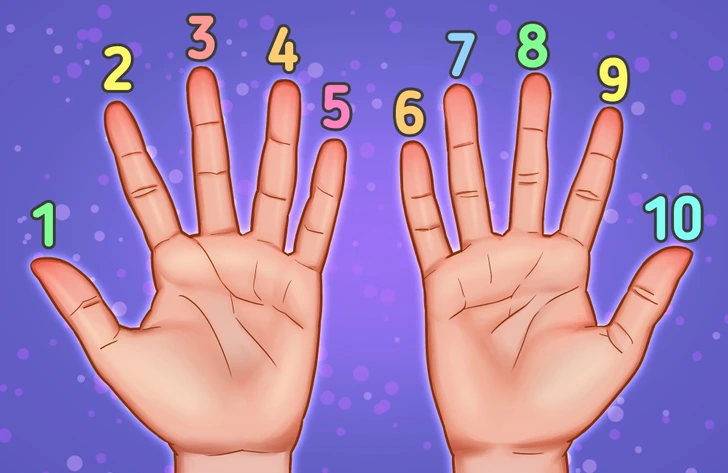 finger-trick An illustration of two hands spread out with each finger labeled with a number from 1-10