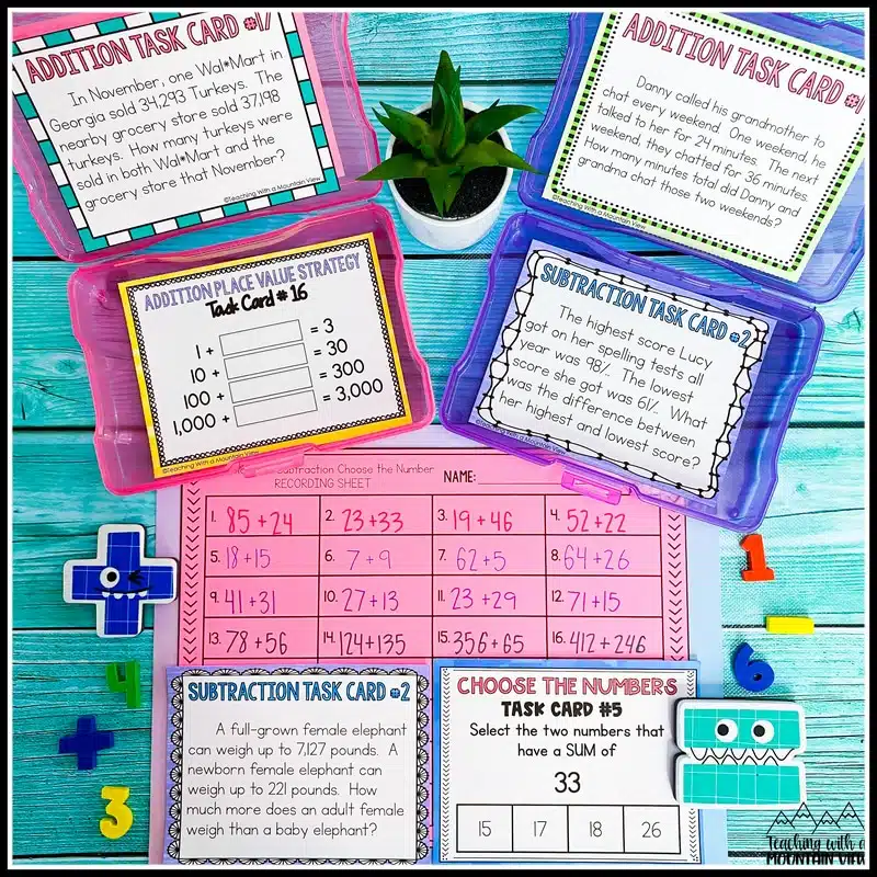 multiplication-scoot A math lesson set up with task cards and worksheet laid out on a table