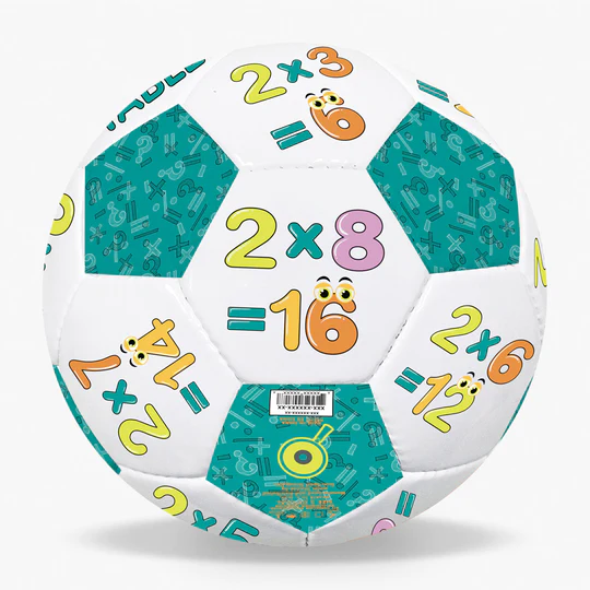 multiplication-soccer-ball A colorful soccer ball with multiplication equations written in the white squares