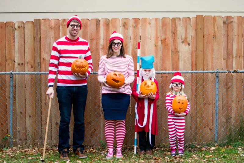 Where’s Waldo A family is shown dressed in red and white striped hats and shirts.